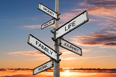 a sign showing choices in life, health, money, work